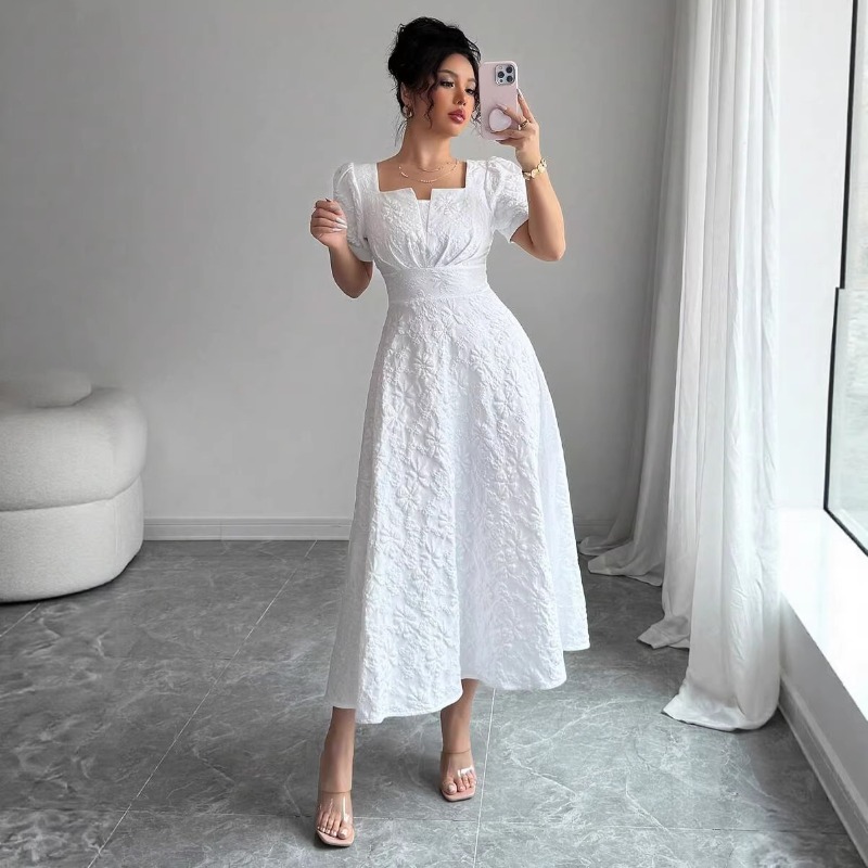 Sundress Midi Floral - Женское белое платье миди с тисненым